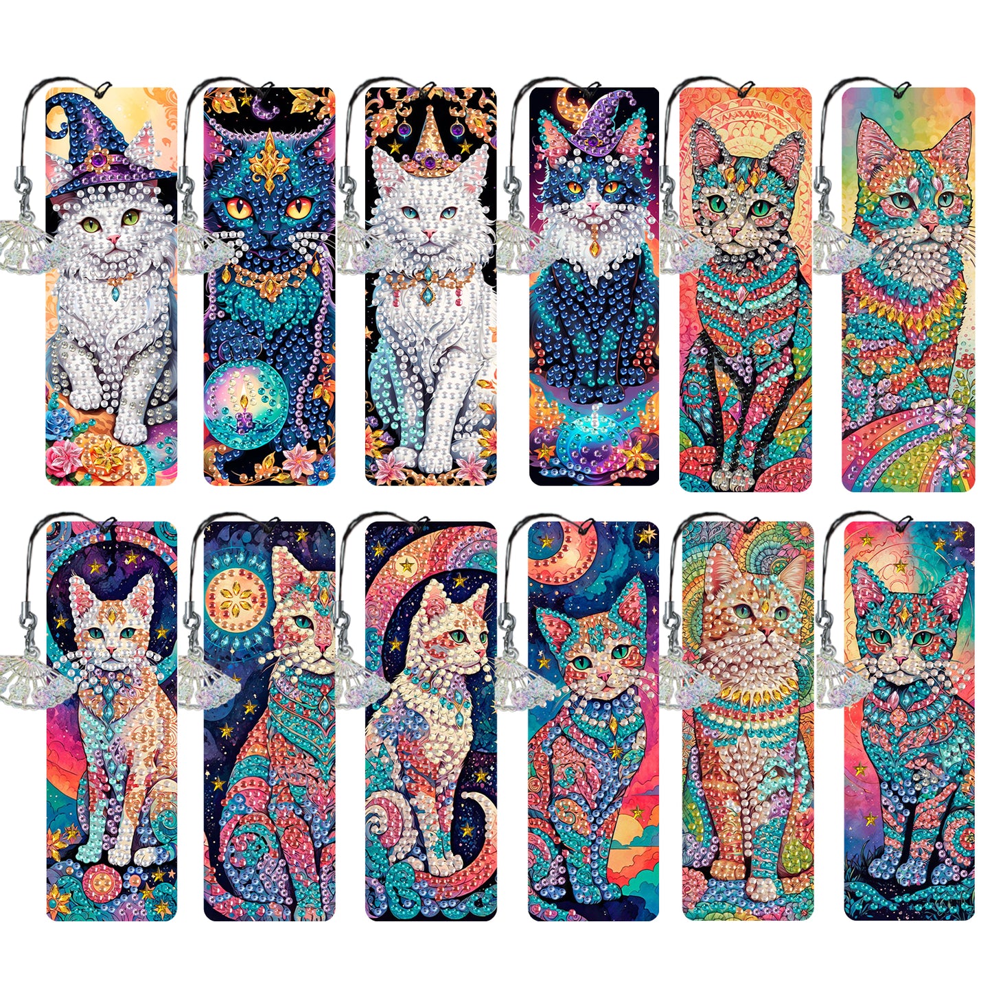12Pcs Cat DIY Diamond Painting Bookmarks for Book Lovers Mosaic Art Supplies