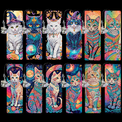 12Pcs Cat DIY Diamond Painting Bookmarks for Book Lovers Mosaic Art Supplies