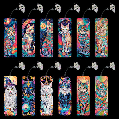 12Pcs Cat DIY Diamond Painting Bookmarks for Book Lovers Mosaic Art Supplies
