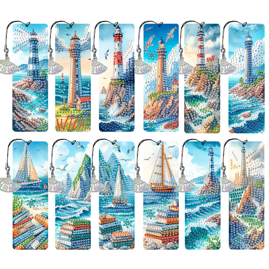 12Pcs Seaside Lighthouse DIY Diamond Painting Bookmarks for Reading Enthusiasts