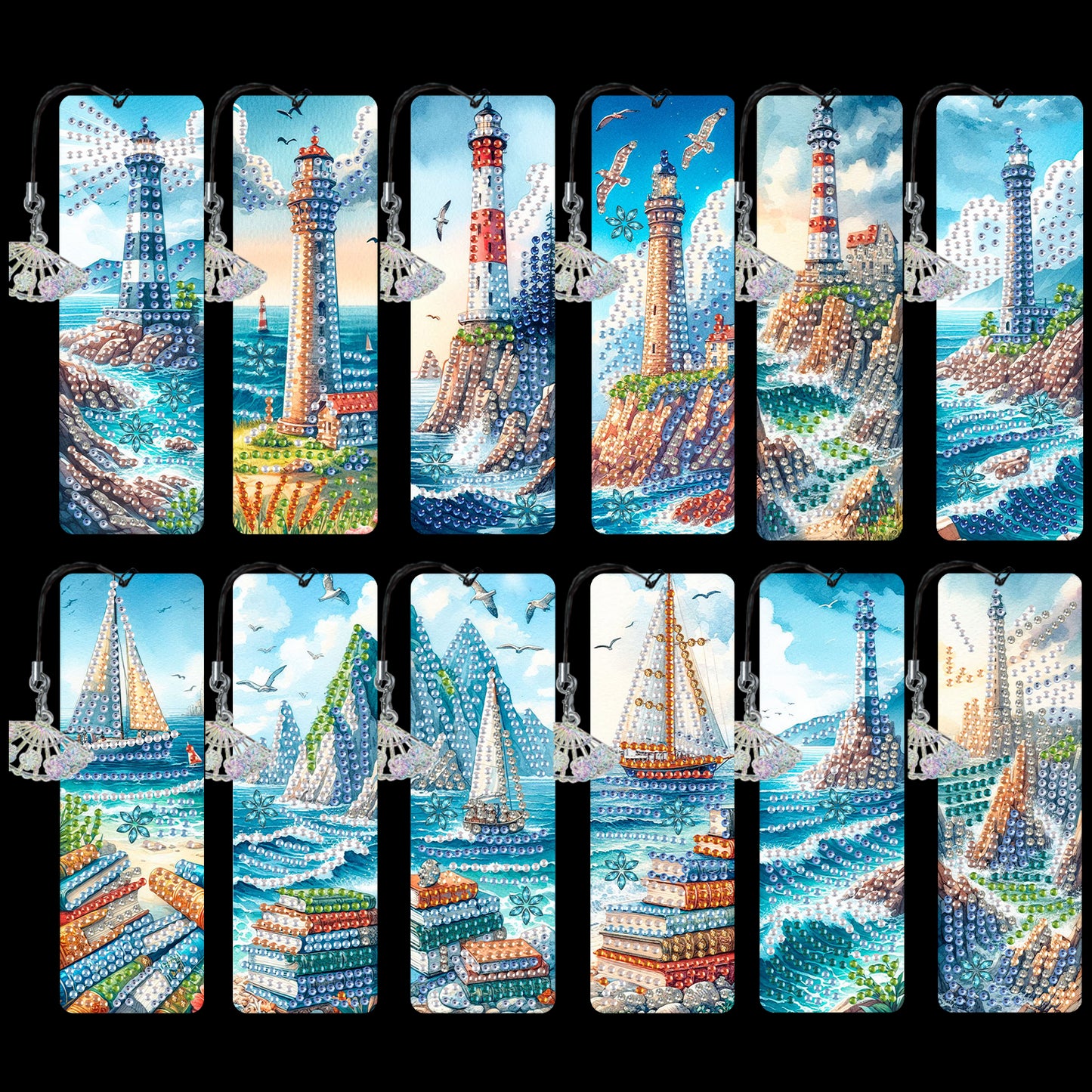 12Pcs Seaside Lighthouse DIY Diamond Painting Bookmarks for Reading Enthusiasts