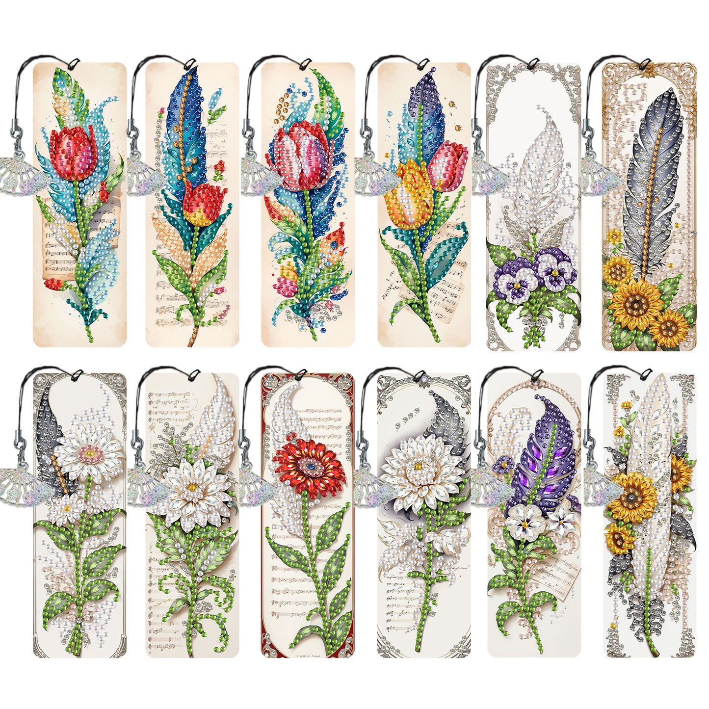 12Pcs Feathers and Flowers DIY Diamond Painting Bookmarks for Reading Enthusiast