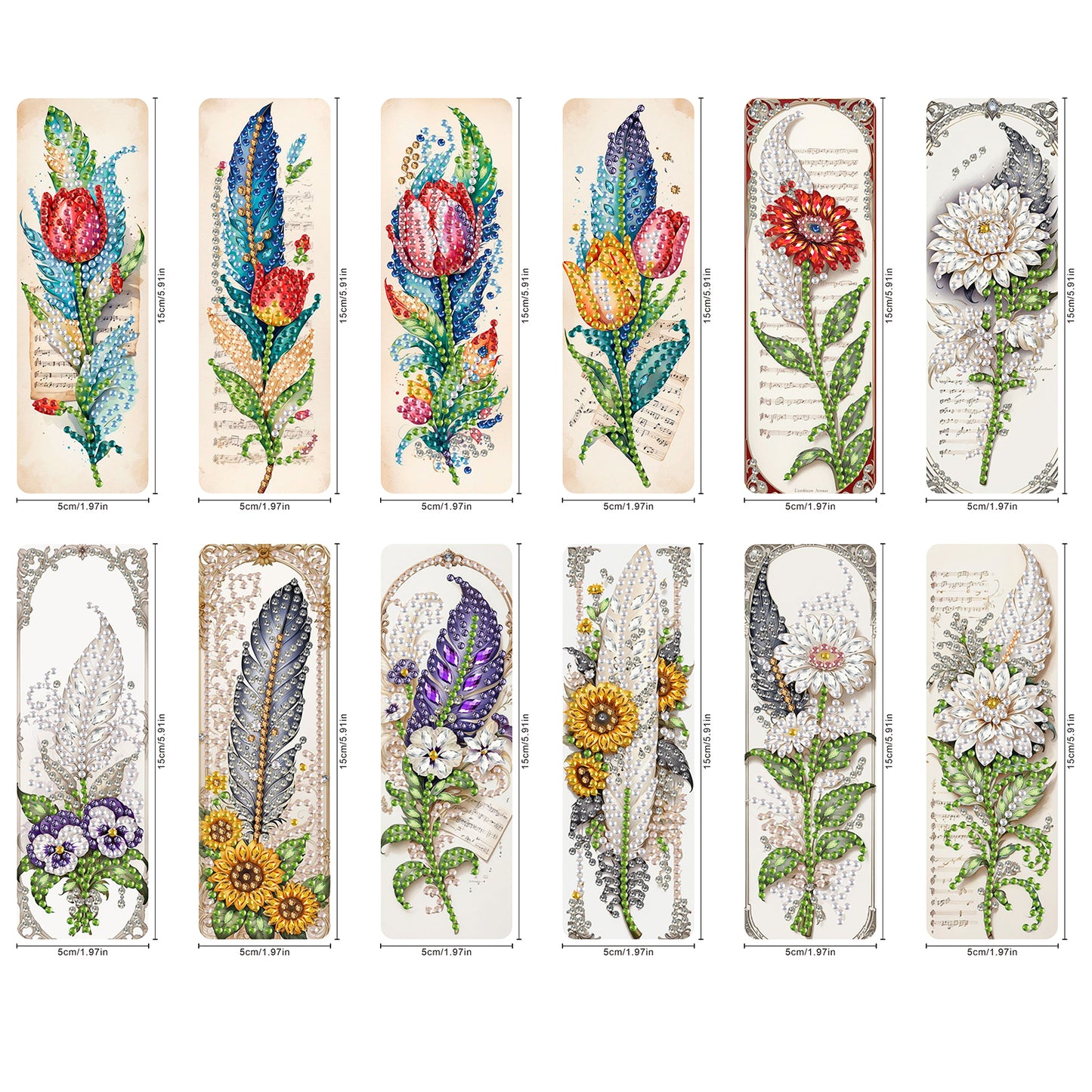 12Pcs Feathers and Flowers DIY Diamond Painting Bookmarks for Reading Enthusiast