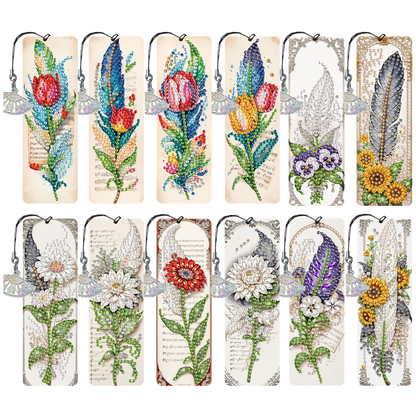 12Pcs Feathers and Flowers DIY Diamond Painting Bookmarks for Reading Enthusiast