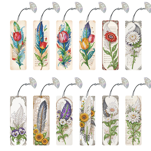 12Pcs Feathers and Flowers DIY Diamond Painting Bookmarks for Reading Enthusiast
