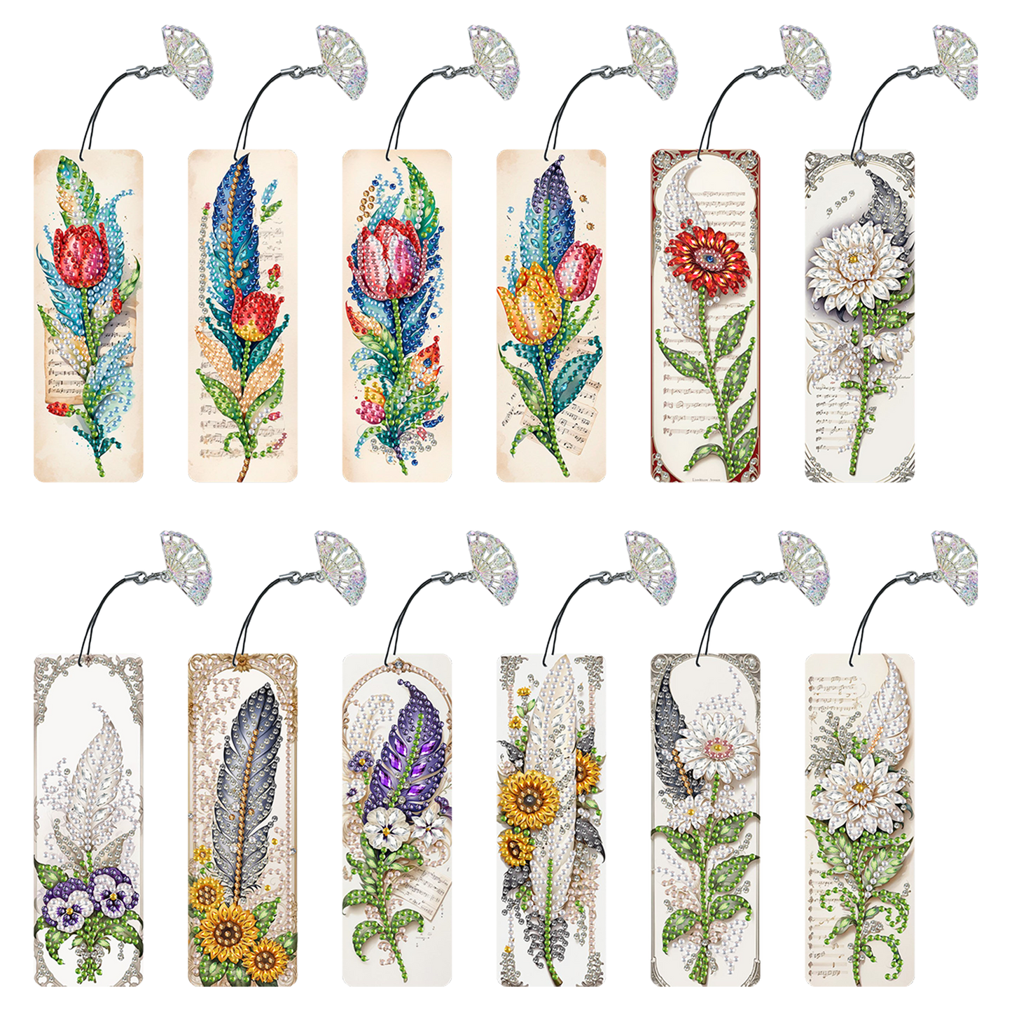 12Pcs Feathers and Flowers DIY Diamond Painting Bookmarks for Reading Enthusiast