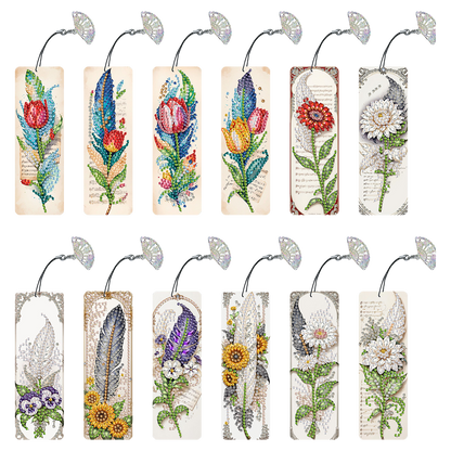 12Pcs Feathers and Flowers DIY Diamond Painting Bookmarks for Reading Enthusiast