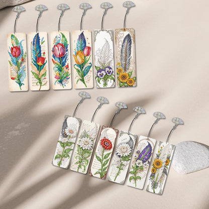 12Pcs Feathers and Flowers DIY Diamond Painting Bookmarks for Reading Enthusiast