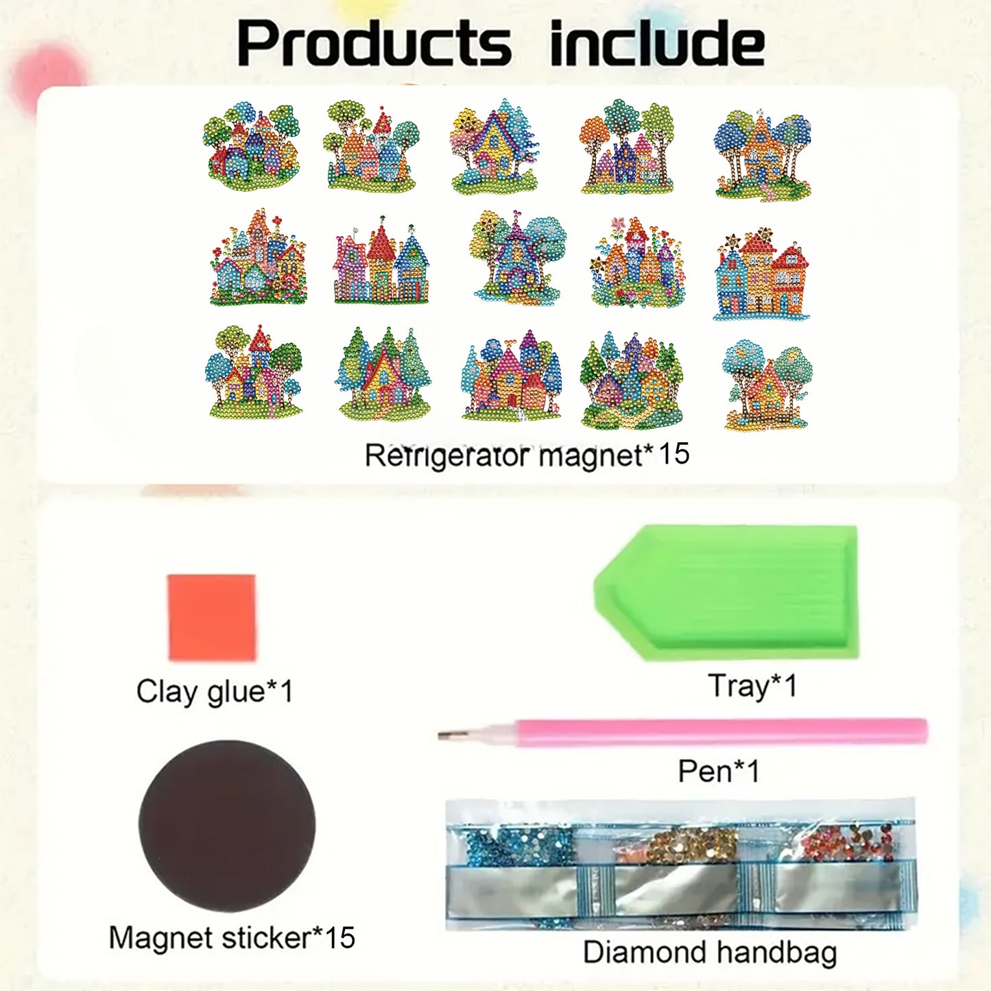 15pcs House 2D Acrylic DIY Diamond Art Fridge Magnet Kit for Home Car Decor
