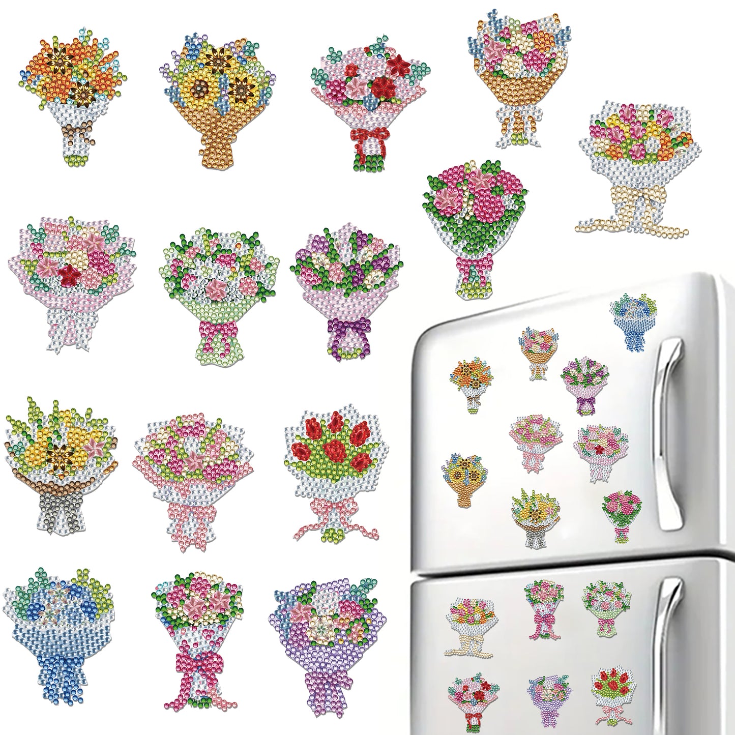 15pcs Bouquet 2D Acrylic DIY Diamond Art Fridge Magnet Kit for Home Car Decor