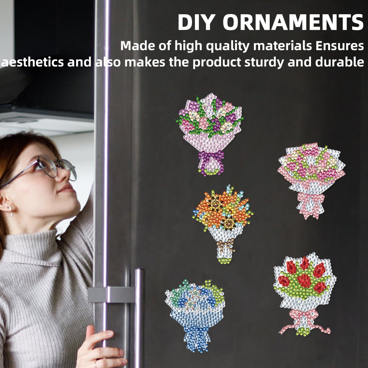 15pcs Bouquet 2D Acrylic DIY Diamond Art Fridge Magnet Kit for Home Car Decor