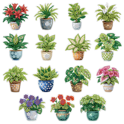 15pcs Potted Plants 2D Acrylic DIY Diamond Art Fridge Magnet Kit for Home Decor