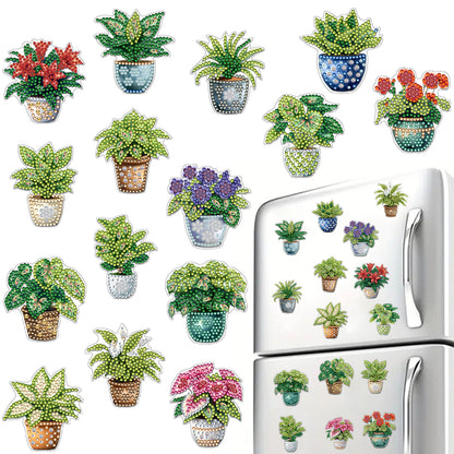 15pcs Potted Plants 2D Acrylic DIY Diamond Art Fridge Magnet Kit for Home Decor