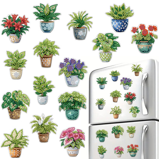 15pcs Potted Plants 2D Acrylic DIY Diamond Art Fridge Magnet Kit for Home Decor