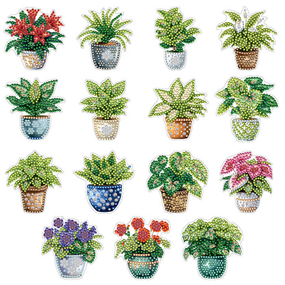 15pcs Potted Plants 2D Acrylic DIY Diamond Art Fridge Magnet Kit for Home Decor