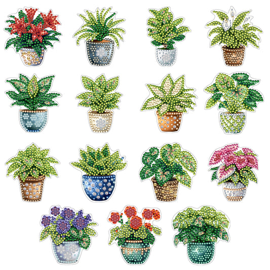 15pcs Potted Plants 2D Acrylic DIY Diamond Art Fridge Magnet Kit for Home Decor