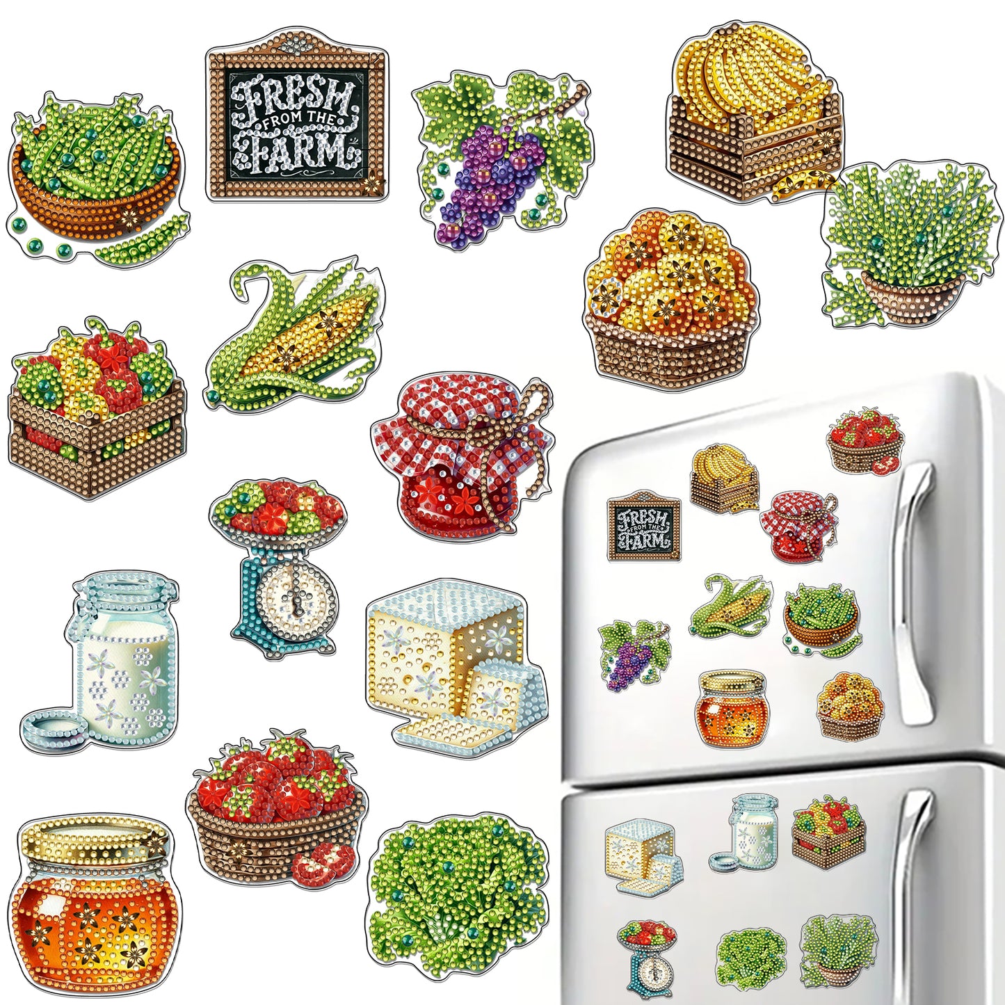 15pcs Vegetable 2D Acrylic DIY Diamond Art Fridge Magnet Kit for Home Car Decor