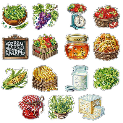 15pcs Vegetable 2D Acrylic DIY Diamond Art Fridge Magnet Kit for Home Car Decor