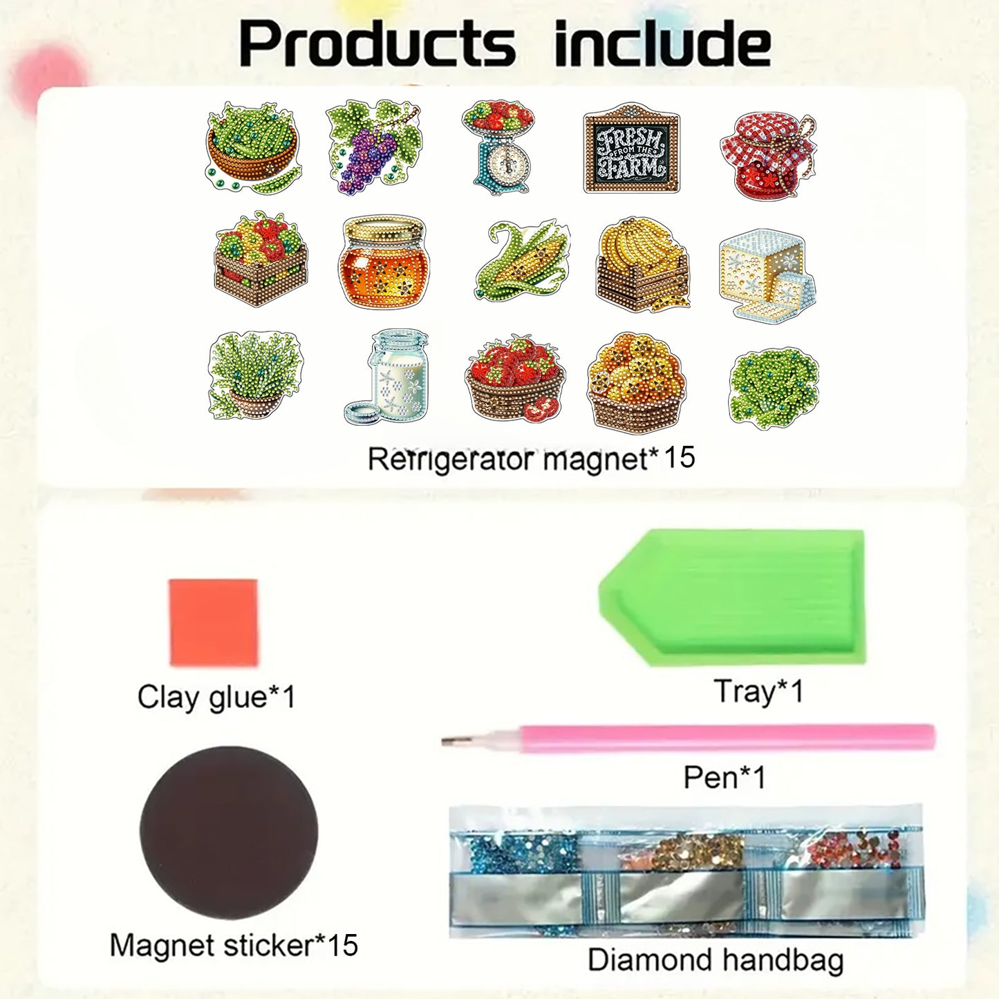 15pcs Vegetable 2D Acrylic DIY Diamond Art Fridge Magnet Kit for Home Car Decor
