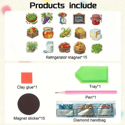 15pcs Vegetable 2D Acrylic DIY Diamond Art Fridge Magnet Kit for Home Car Decor