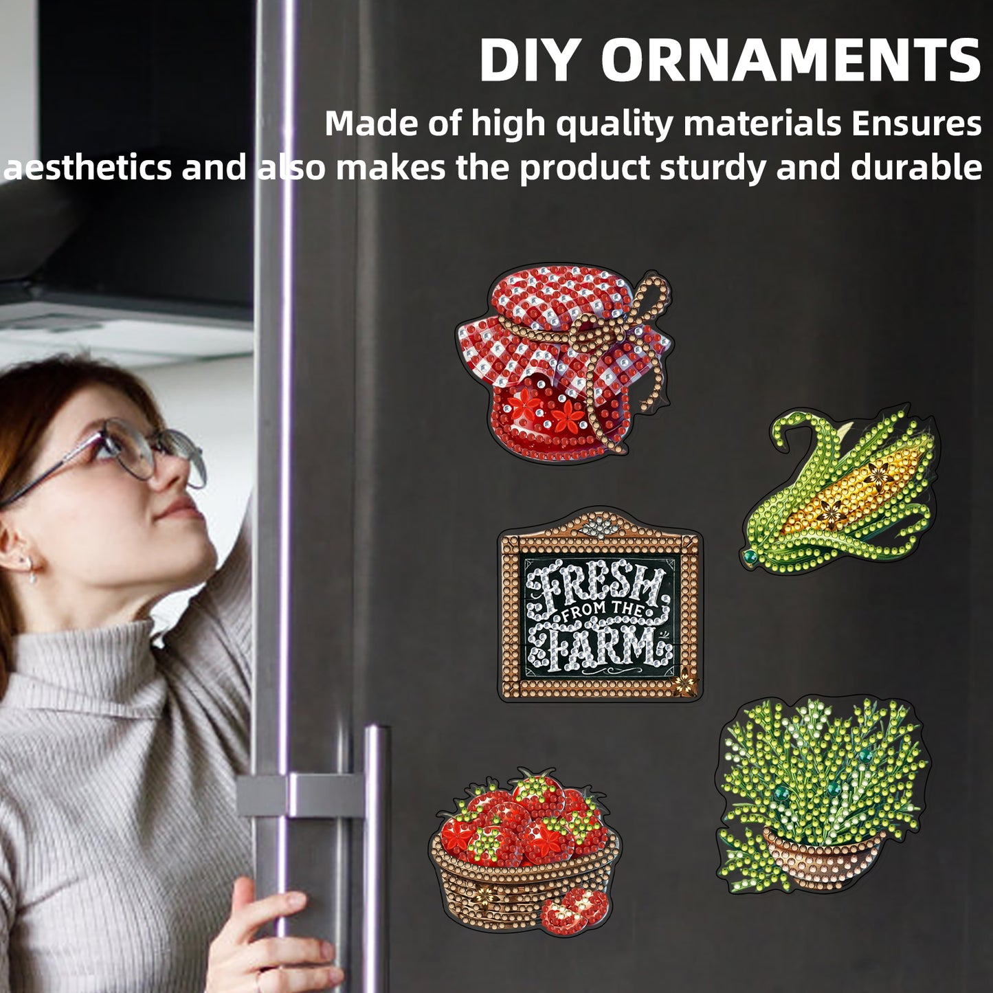 15pcs Vegetable 2D Acrylic DIY Diamond Art Fridge Magnet Kit for Home Car Decor