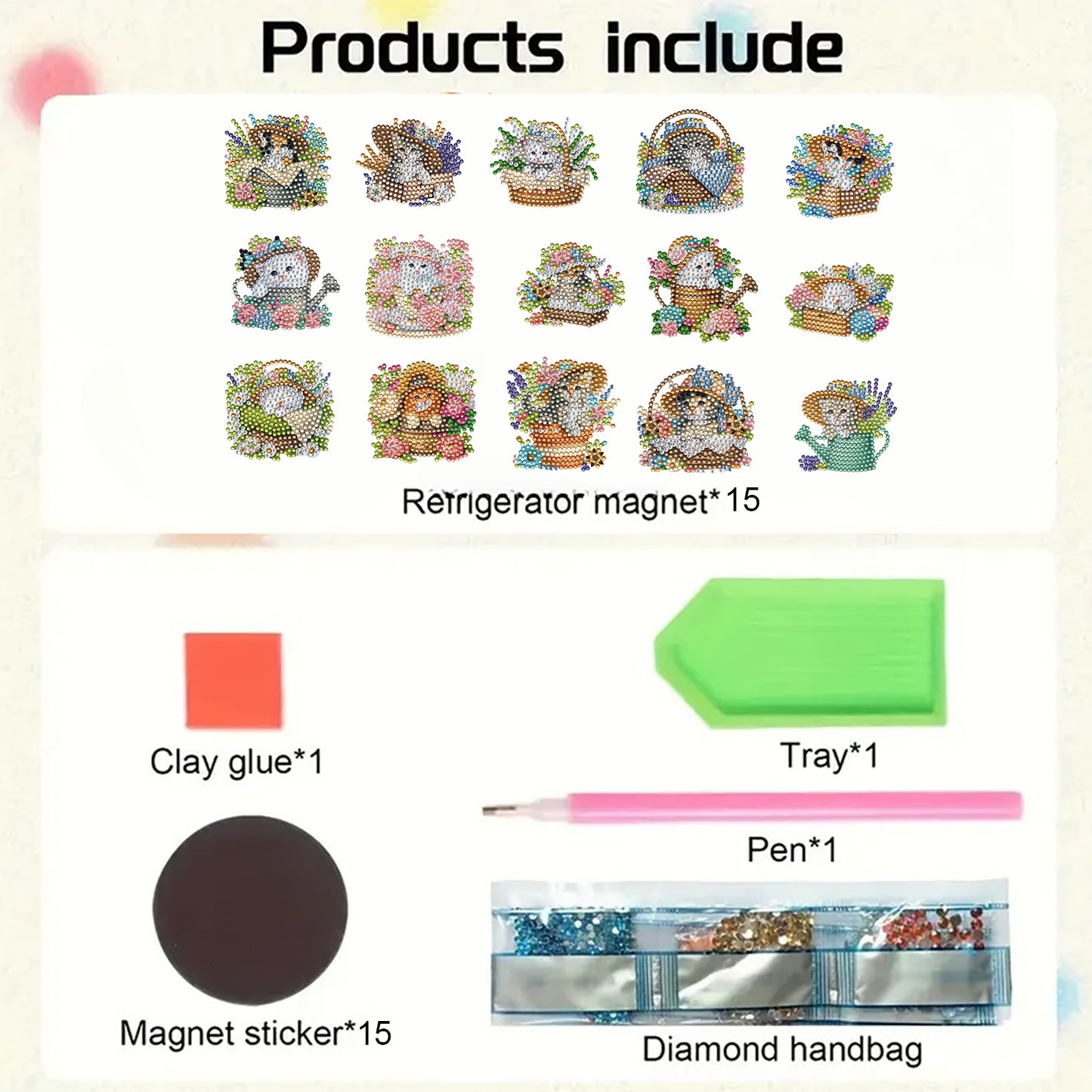 15pcs Cat 2D Acrylic DIY Diamond Art Fridge Magnet Kit for Home Car Decor