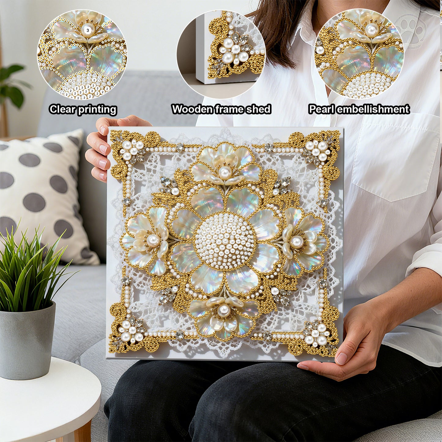 Flowers - DIY Pearl Gem Art Diamond Painting Kits With Framefor Home Decor -25x25cm