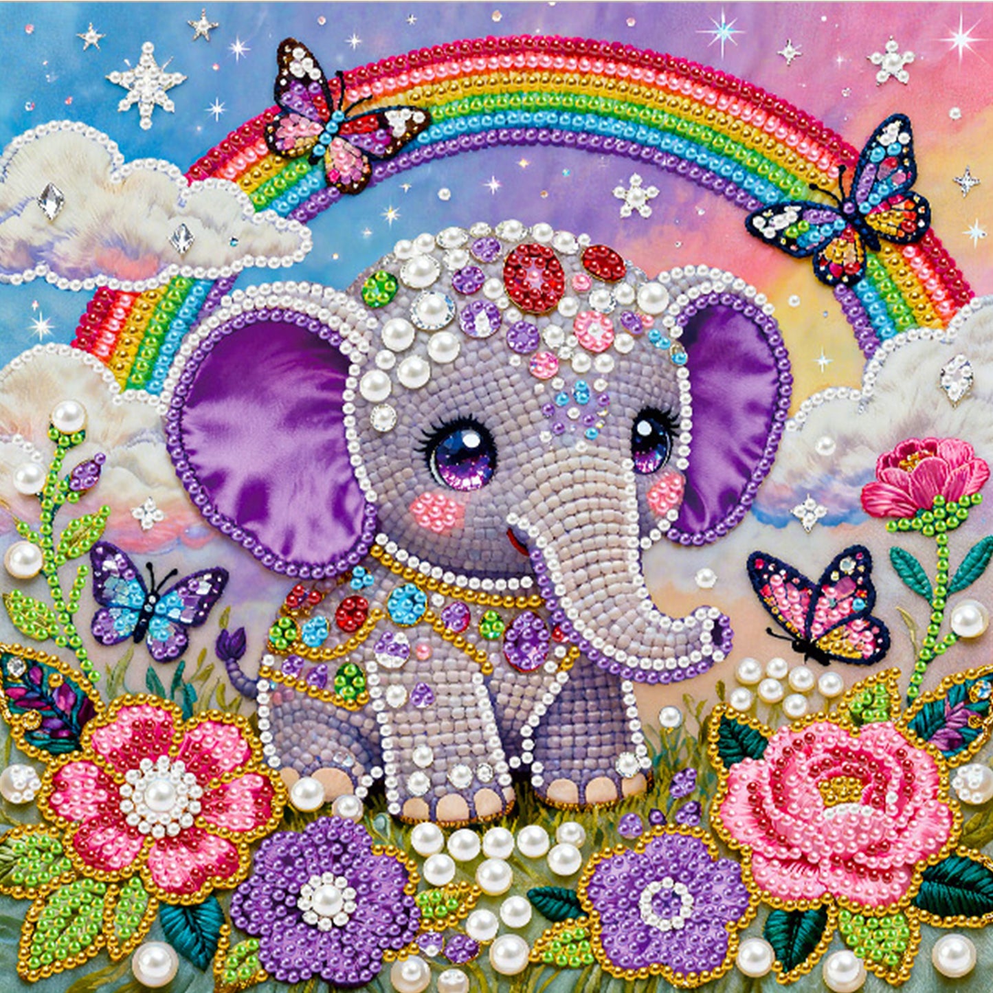 Butterfly Rainbow Elephant - DIY Pearl Gem Art Diamond Painting Kits With Framefor Home Decor -25x25cm