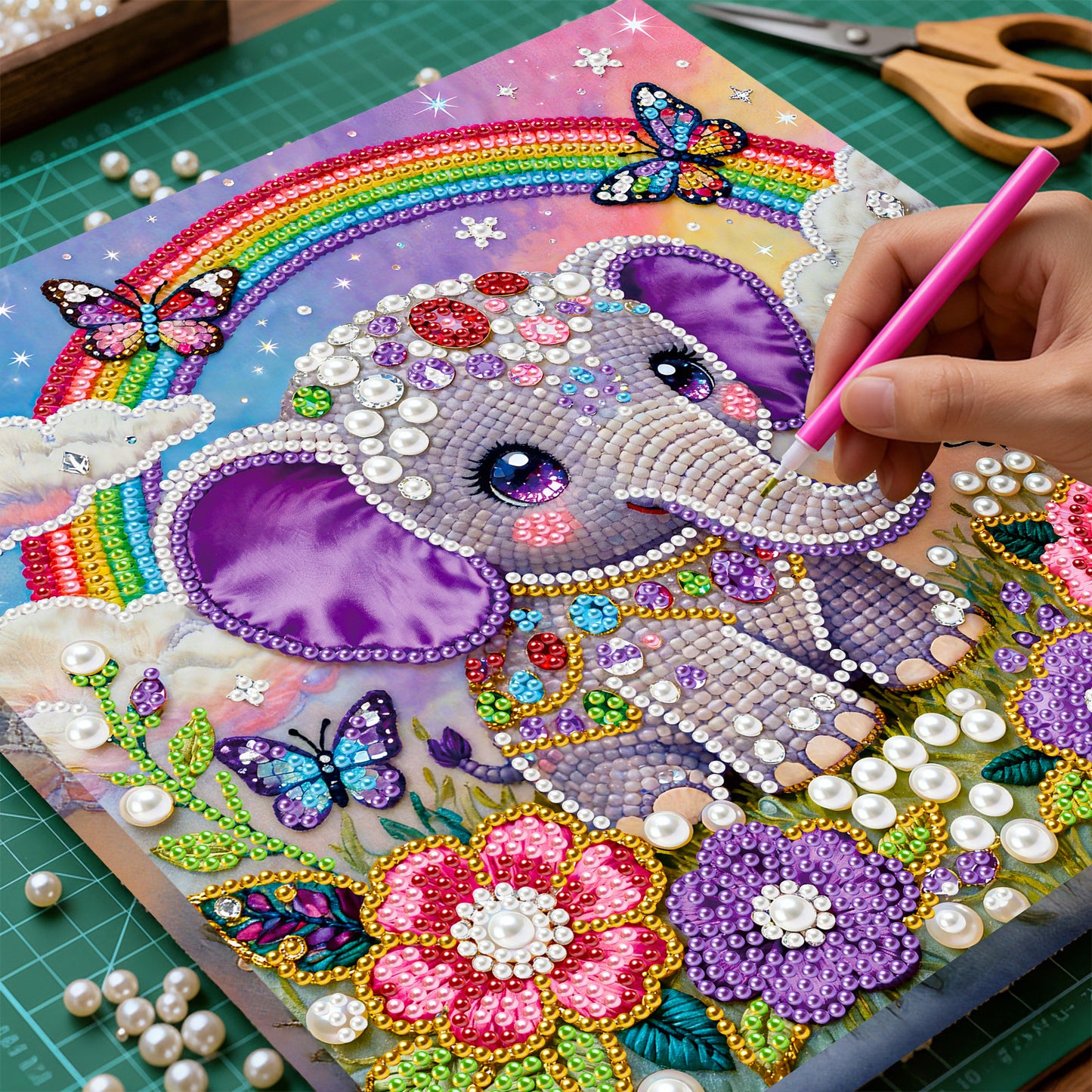 Butterfly Rainbow Elephant - DIY Pearl Gem Art Diamond Painting Kits With Framefor Home Decor -25x25cm