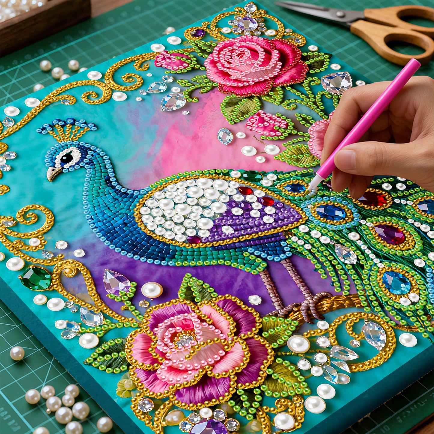 Peacock - DIY Pearl Gem Art Diamond Painting Kits With Framefor Home Decor -25x25cm
