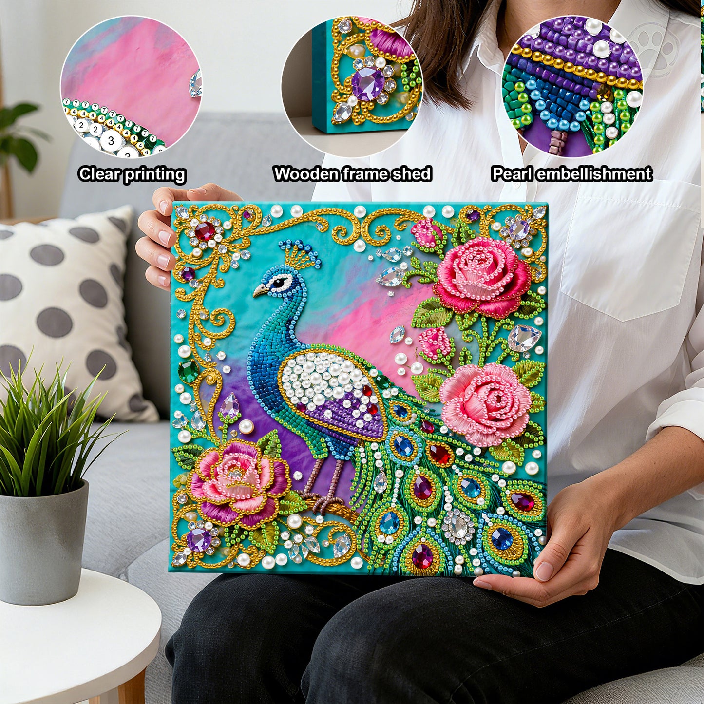 Peacock - DIY Pearl Gem Art Diamond Painting Kits With Framefor Home Decor -25x25cm