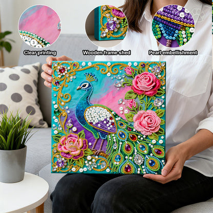 Peacock - DIY Pearl Gem Art Diamond Painting Kits With Framefor Home Decor -25x25cm