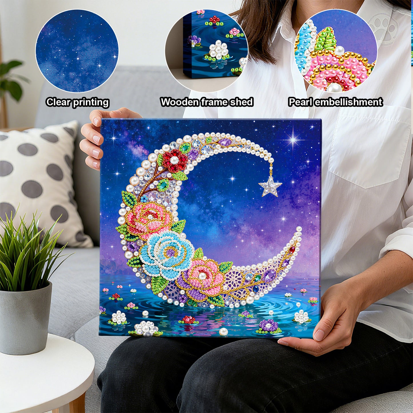 Moon - DIY Pearl Gem Art Diamond Painting Kits With Framefor Home Decor -25x25cm