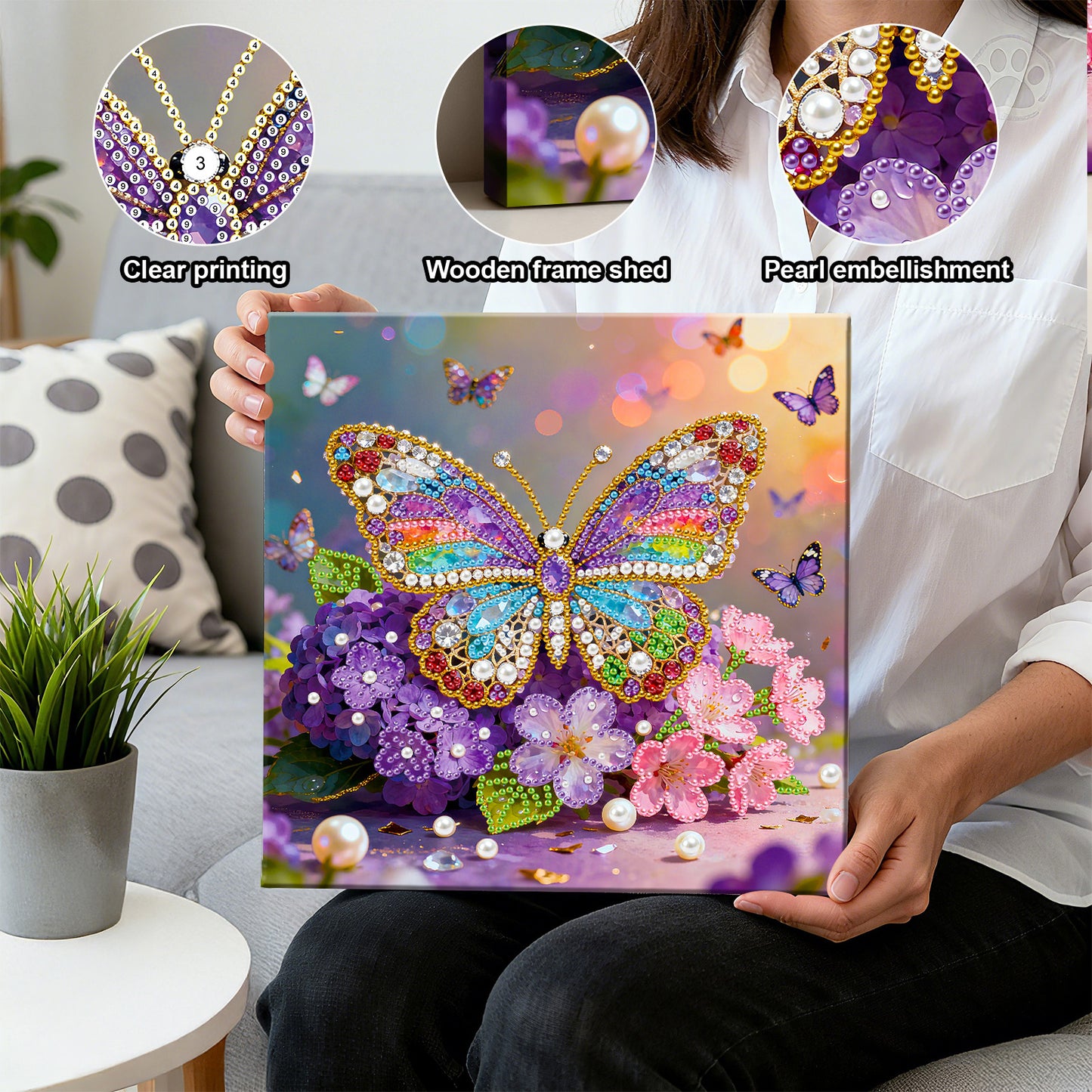 Butterfly - DIY Pearl Gem Art Diamond Painting Kits With Framefor Home Decor -25x25cm