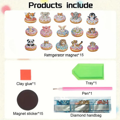 15pcs Donut Animal 2D Acrylic DIY Diamond Art Fridge Magnet Kit for Home Decor