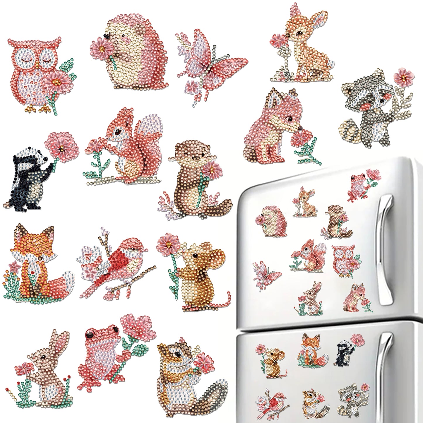 15pcs Pink Animal 2D Acrylic DIY Diamond Art Fridge Magnet Kit for Home Decor