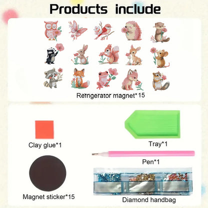 15pcs Pink Animal 2D Acrylic DIY Diamond Art Fridge Magnet Kit for Home Decor