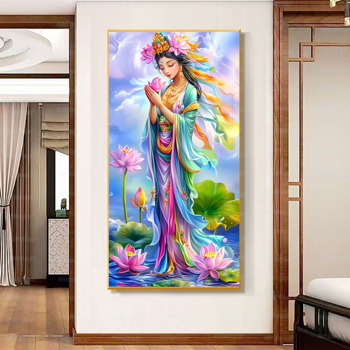 Golden-Bodied Guanyin Bodhisattva With Pink Lotus - 11CT Stamped Cross Stitch 50*75CM(Mona Lisa Brand)
