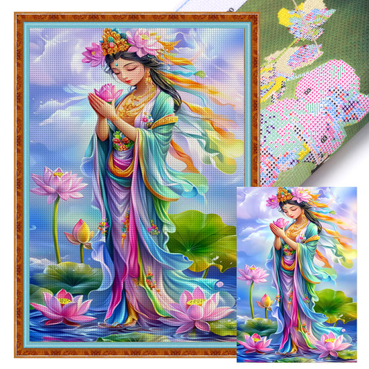 Golden-Bodied Guanyin Bodhisattva With Pink Lotus - 11CT Stamped Cross Stitch 50*75CM(Mona Lisa Brand)