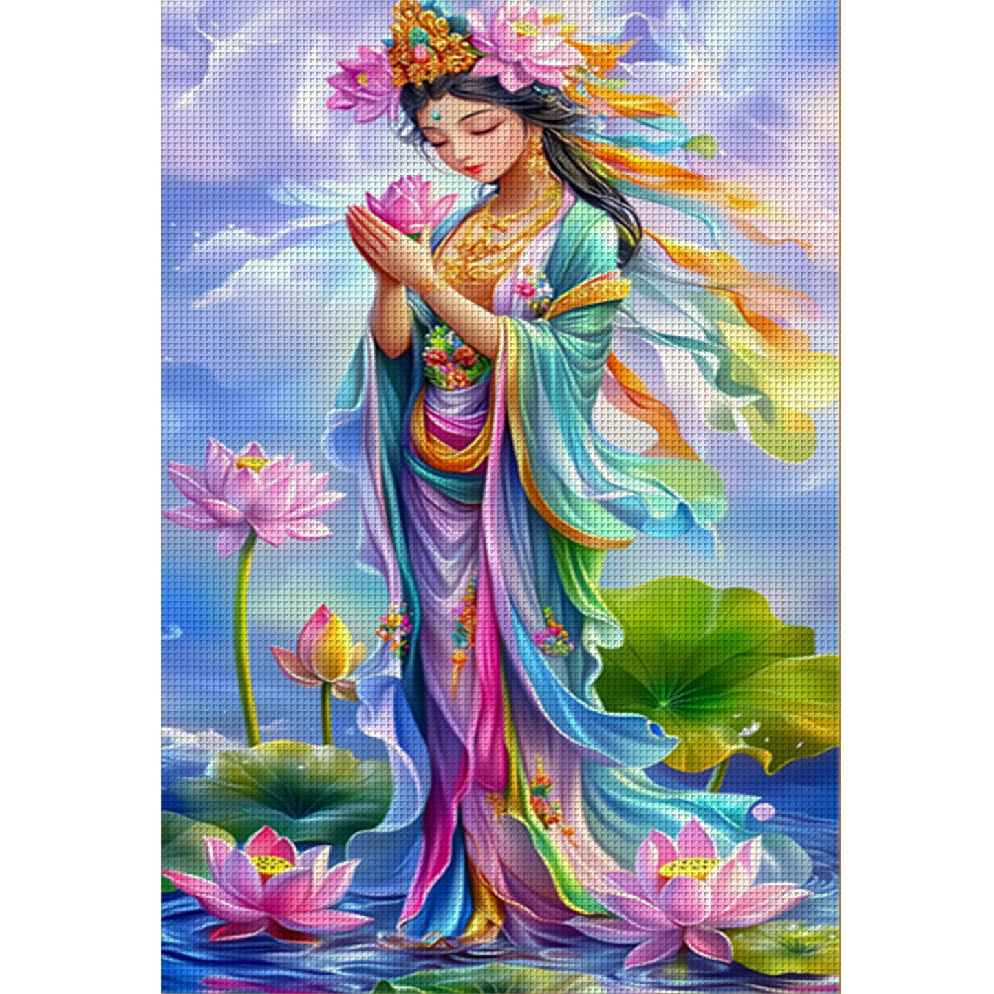 Golden-Bodied Guanyin Bodhisattva With Pink Lotus - 11CT Stamped Cross Stitch 50*75CM(Mona Lisa Brand)