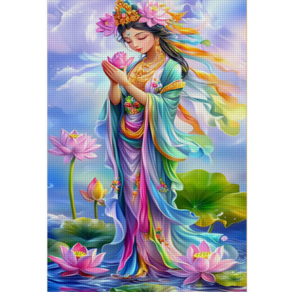 Golden-Bodied Guanyin Bodhisattva With Pink Lotus - 11CT Stamped Cross Stitch 50*75CM(Mona Lisa Brand)
