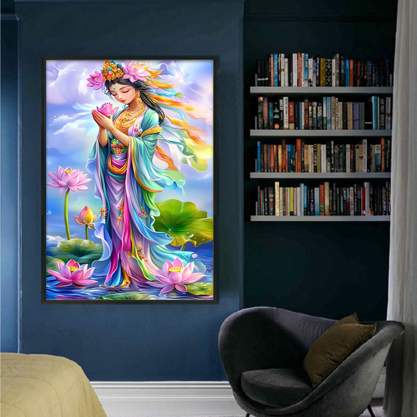 Golden-Bodied Guanyin Bodhisattva With Pink Lotus - 11CT Stamped Cross Stitch 50*75CM(Mona Lisa Brand)