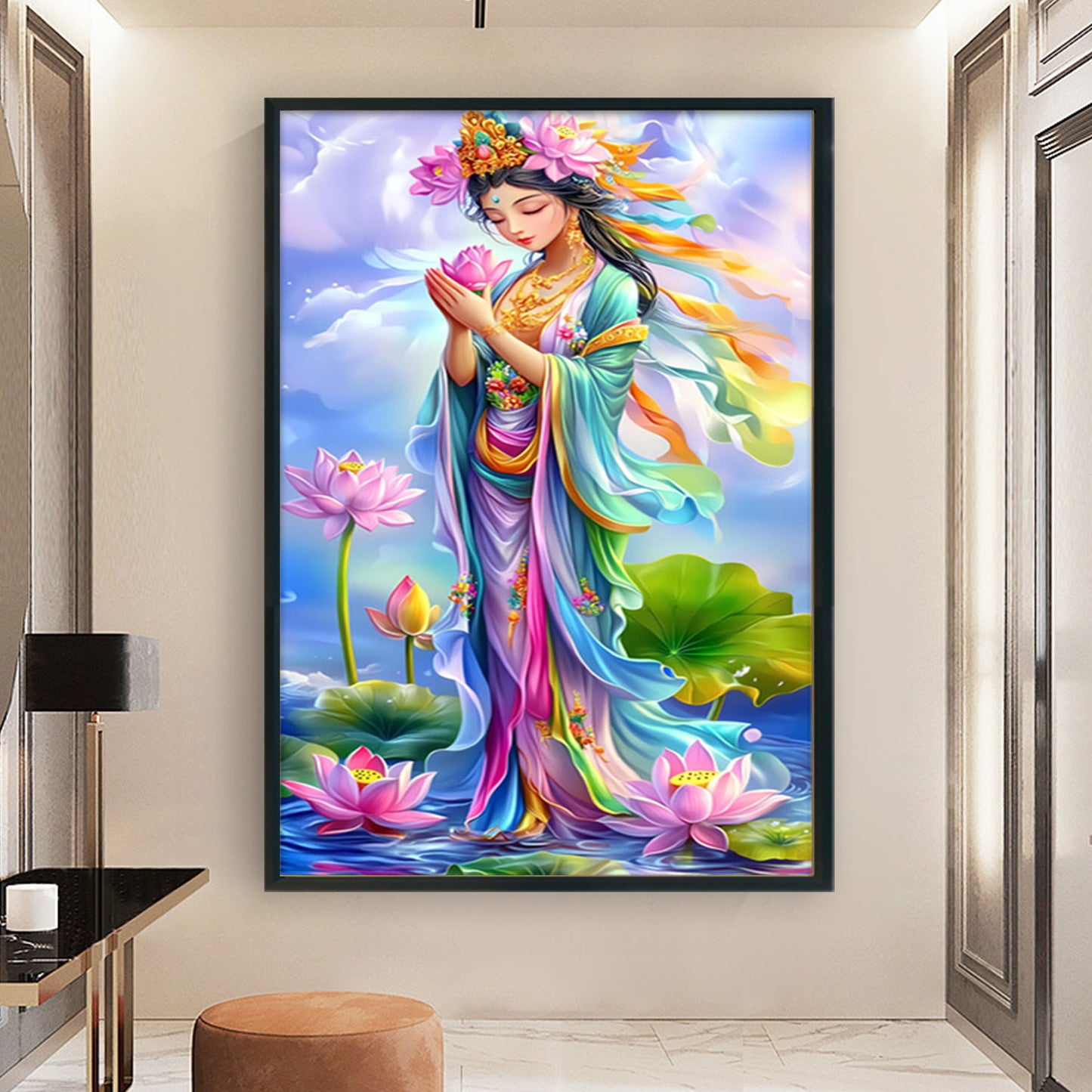 Golden-Bodied Guanyin Bodhisattva With Pink Lotus - 11CT Stamped Cross Stitch 50*75CM(Mona Lisa Brand)