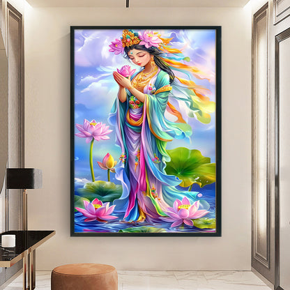 Golden-Bodied Guanyin Bodhisattva With Pink Lotus - 11CT Stamped Cross Stitch 50*75CM(Mona Lisa Brand)