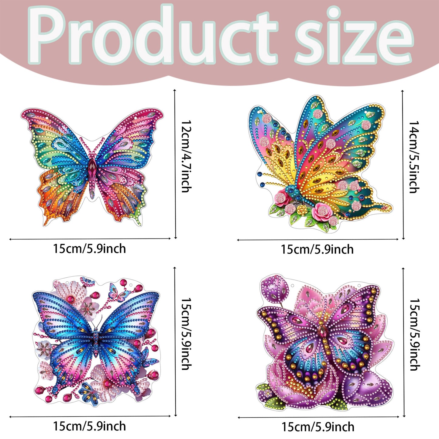 4pcs Butterfly Floral DIY 2D Flat Acrylic Diamond Painting Pendant Kit for Home