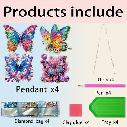 4pcs Butterfly Floral DIY 2D Flat Acrylic Diamond Painting Pendant Kit for Home