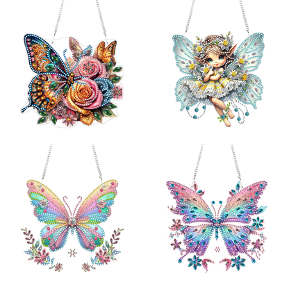 4pcs Fairy Butterfly DIY 2D Flat Acrylic Diamond Painting Pendant Kit Home Decor