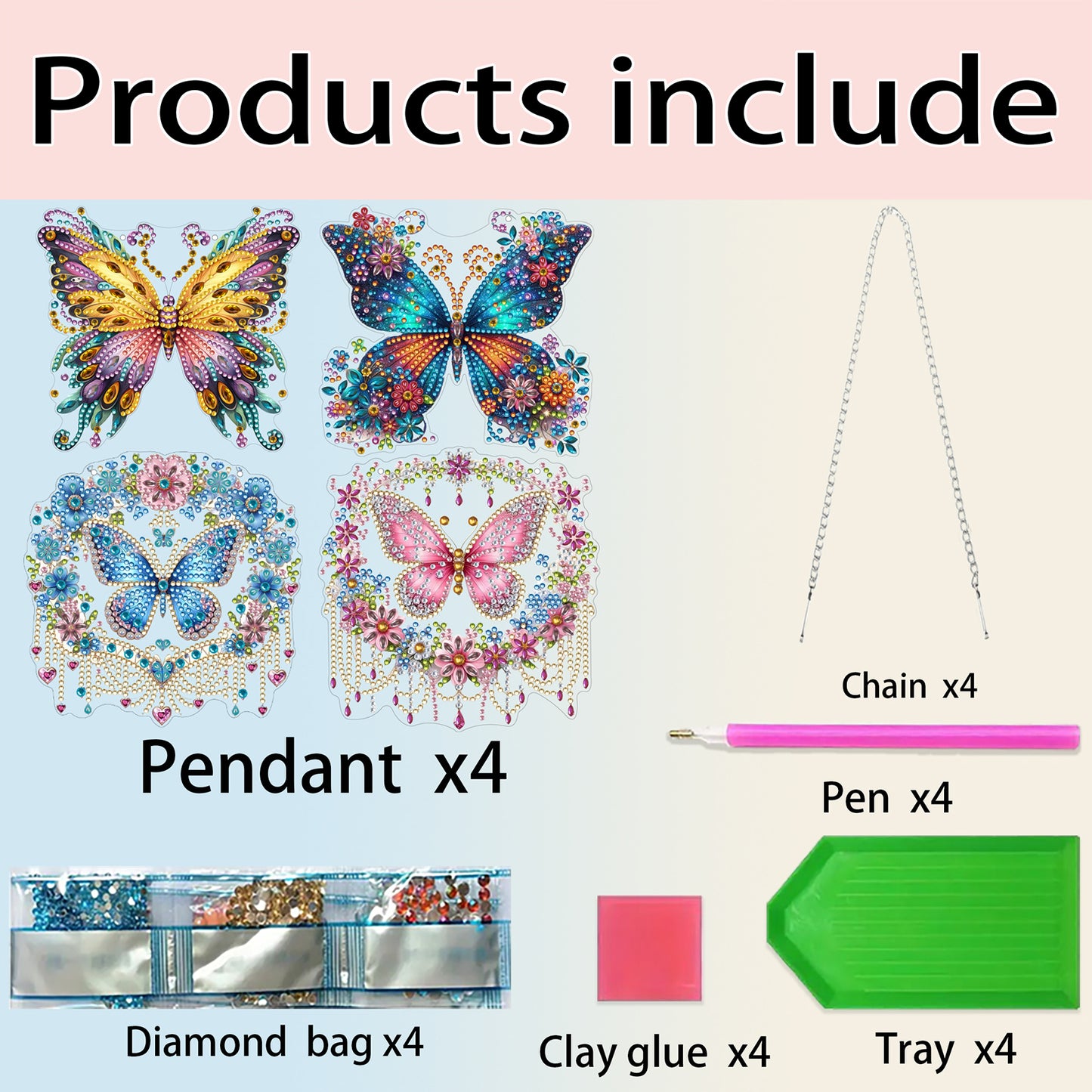 4pcs Hanging Butterfly DIY 2D Flat Acrylic Diamond Painting Pendant Kit for Home