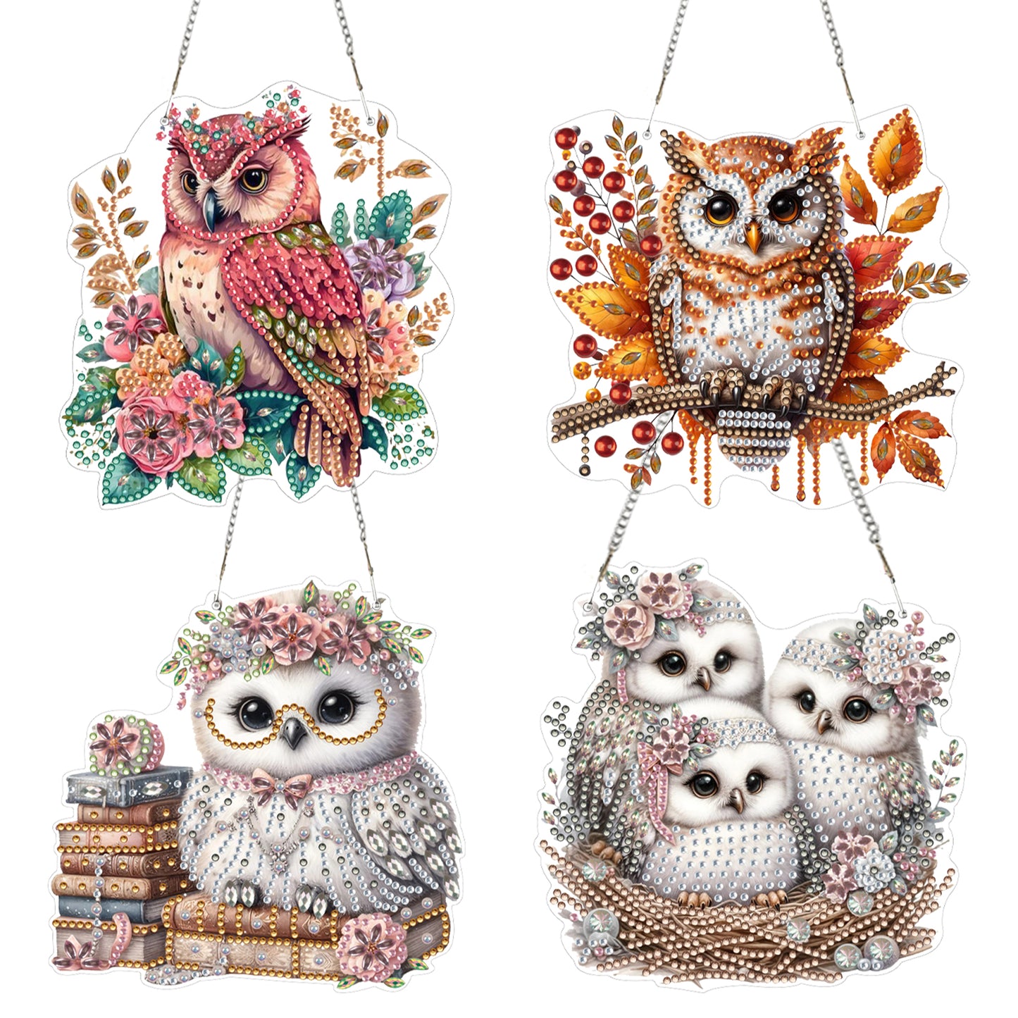 4pcs Owl DIY 2D Flat Acrylic Diamond Painting Pendant Kit for Adults Home Decor