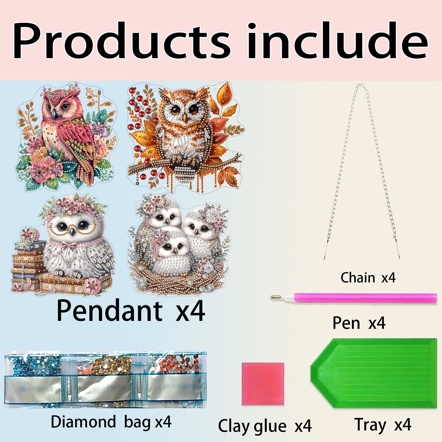 4pcs Owl DIY 2D Flat Acrylic Diamond Painting Pendant Kit for Adults Home Decor